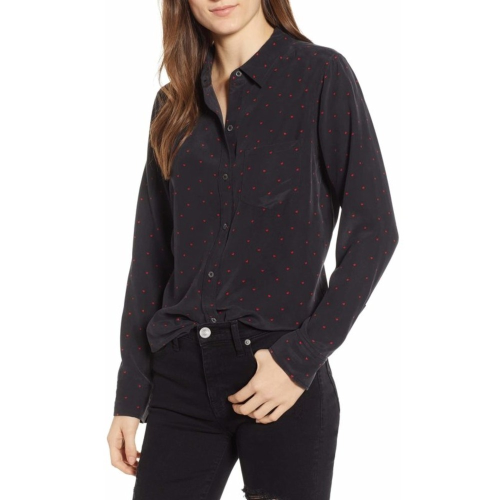 Rails Top Womens Medium Black Red Kate Mini Heart 100% Silk Button Down Shirt